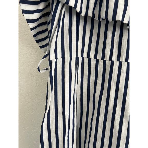 Zara Blue White Striped Cold Shoulder Button Up Linen Blend Sundress Womens XS - Picture 3 of 16
